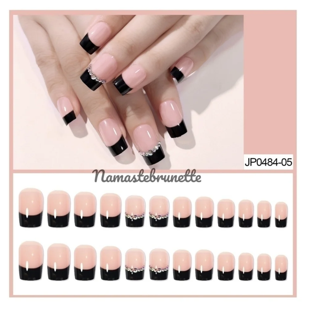 2/$16 Black Rhinestone French Manicure Press On Nails